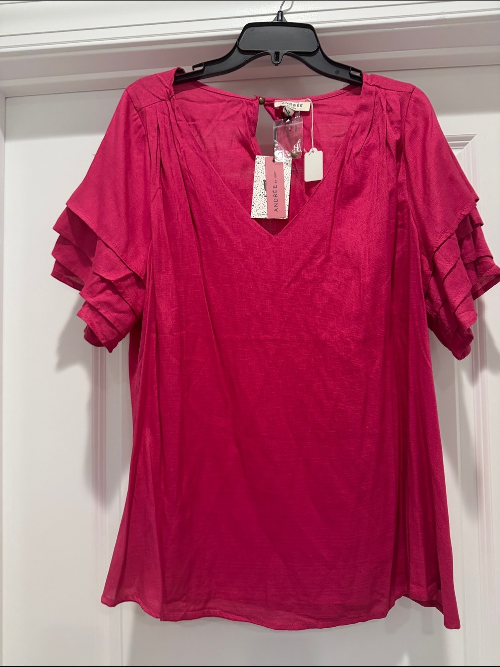 Andree Bold Fuchsia Ruffled Short Sleeve Blouse